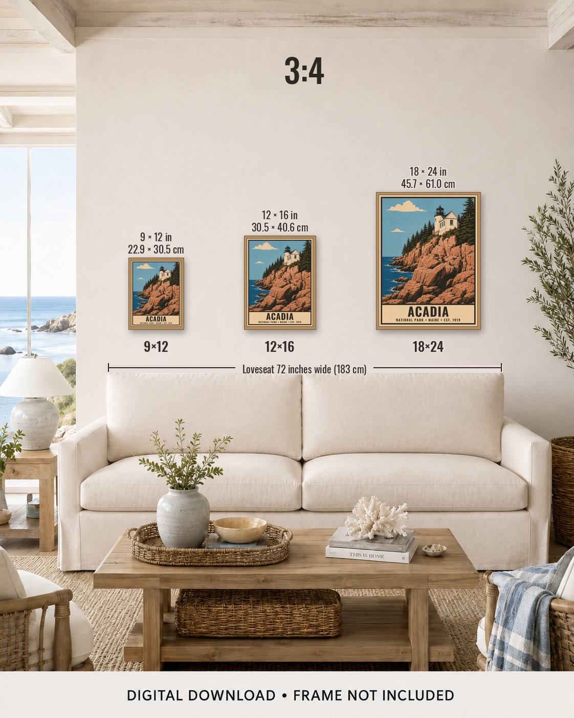 3:4 print sizes shown above a loveseat — 9×12 through 18×24